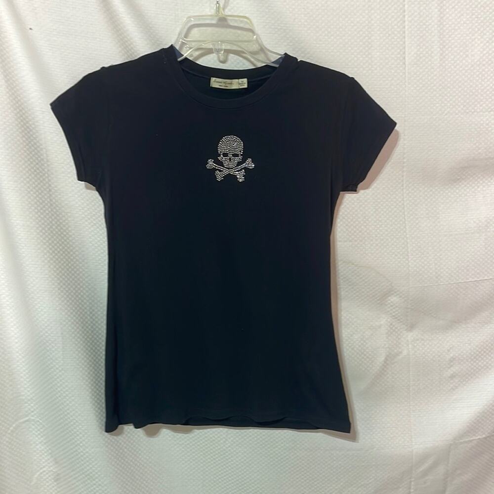 Sweet Gisele M black stretch short sleeve bling skull euc Halloween’s